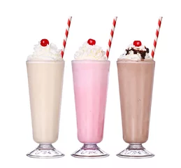 Foto op Plexiglas Milkshake milkshakes chocolate flavor ice cream set collection with cherry