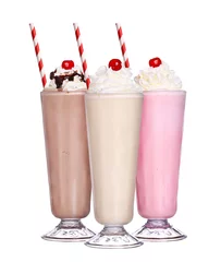 Vlies Fototapete Milchshake milkshakes chocolate flavor ice cream set collection with cherry