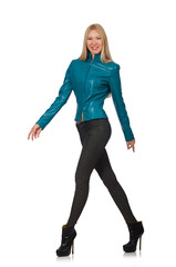 Fototapeta premium Pretty woman in blue leather jacket isolated on white