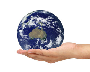 hand holding Earth isolated on white background. Elements of thi