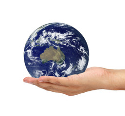 hand holding Earth isolated on white background. Elements of thi
