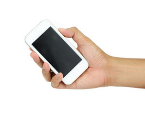Hand holding White Smartphone on white background