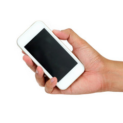 Hand holding White Smartphone on white background