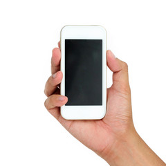 Hand holding White Smartphone on white background