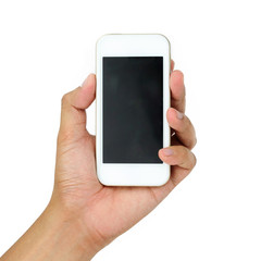 Hand holding White Smartphone on white background