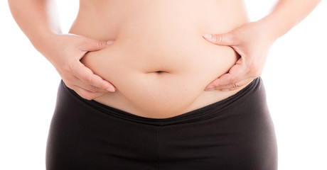 Women with fat belly on white background
