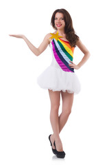 Pretty girl in colorful dress isolated on white