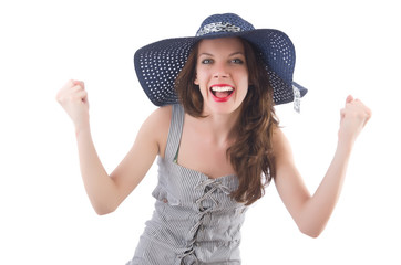 Young woman wearing hat and gray striped dress isolated on white