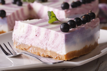 piece of cheese cake with currants macro on a plate. horizontal
