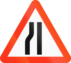 Bangladeshi sign indicating narrowing of the road only on the left