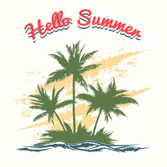 Fototapeta na wymiar Handmade summer illustration with palm trees