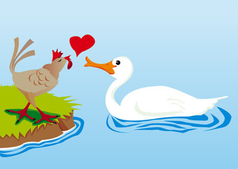 Une poule aimant un cygne