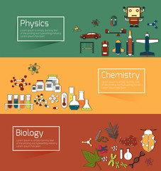 Science education infographic banner template layout such as physics chemistry biology banner