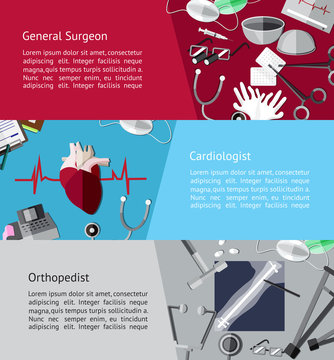 Type of specialist physicians doctor such as general surgeon, cardiologist, orthopedist banner