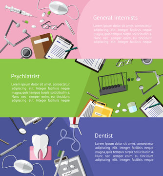 Type of physicians doctor such as general internists, psychiatrist, dentist banner background