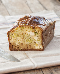 Homemade cake with leek and cheese close up