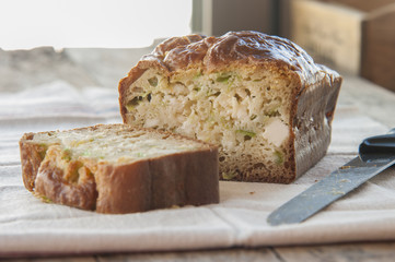 Homemade cake with leek and cheese close up