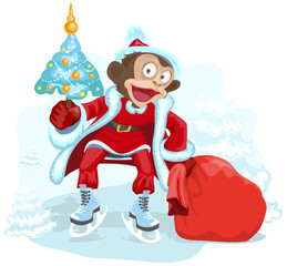 Monkey dressed as Santa is holding Christmas tree and bag gift
