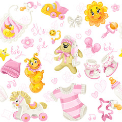 Seamless pattern of clothing, toy and stuff it's a girl