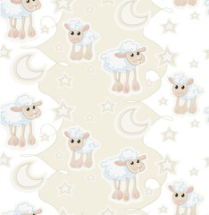 Seamless pattern with cartoon sleepy baby sheep, stars and moon