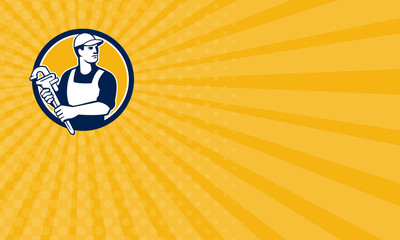 Business card Plumber Wielding Monkey Wrench Circle Retro