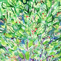 pattern, thickets of green leaves, abstract watercolor background