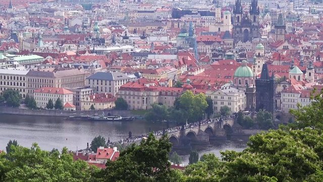 Panoramic View of Prague Charles Bridge over Vltava River from Petrin Hill, Famous Tourist Attraction and Czech Capital City Landmark
