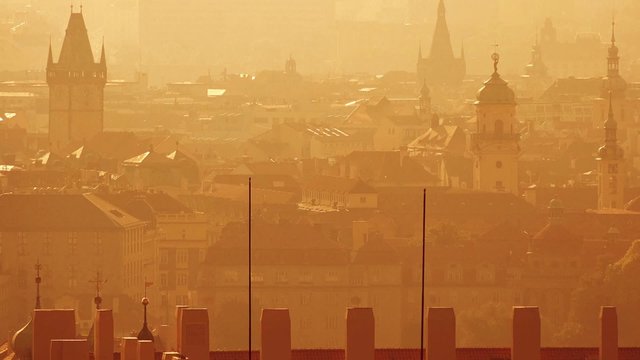 Beautiful Panoramic View of Prague Cityscape with Distinctive Architecture Landmarks on Misty Morning, Vintage Retro Tone Effect