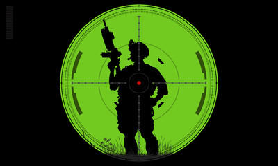 silhouette of a soldier with a gun in the optical sight