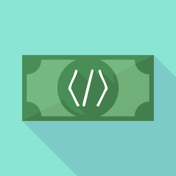 Long shadow banknote icon with a code sign