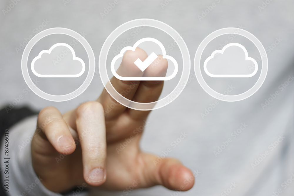 Poster businessman push virtual button cloud web icon