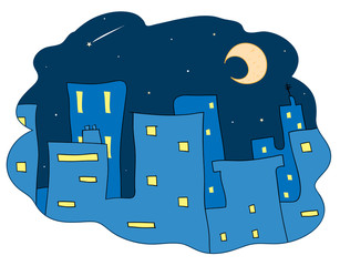 Midnight City, a hand drawn vector illustration of city buildings at night,decorated with stars and the moon.
