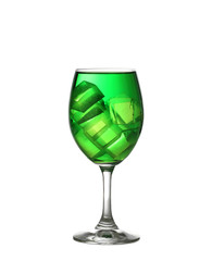 Green water in a wine glass isolated on white.