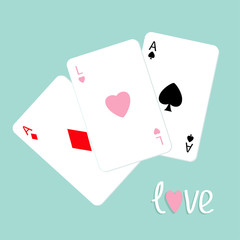 Poker playing card combination with ace of spade, diamond and heart sign Love background Flat design