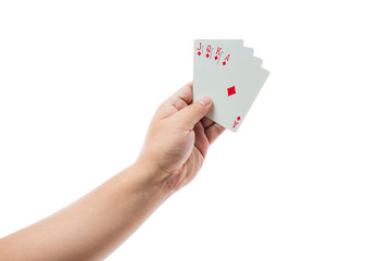 Playing cards in hand isolated on white background