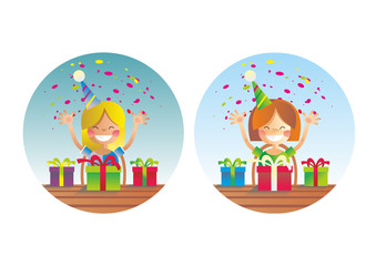 Two happy little girls with presents on birthday party