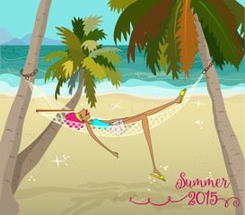 Summer Holiday Cartoon - Redhead relaxing in hammock on a sandy beach, with palm trees and waves splashing the shore. Hand drawn, cartoon style illustration