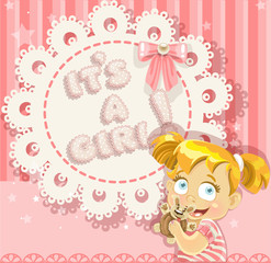 It`s a girl pink openwork card for your announcement card