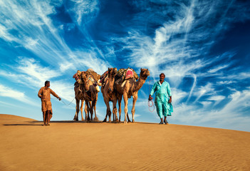 Two cameleers camel drivers with camels in dunes of Thar desert