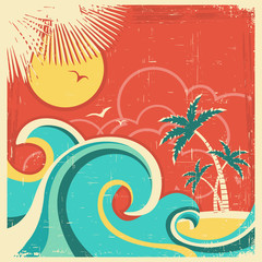 Naklejka premium Vintage tropical poster with island and palms.Vector sea backgro