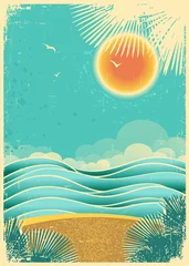 Stickers pour porte Corail vert Fond de paysage marin tropical nature vintage avec lumière du soleil et pa
