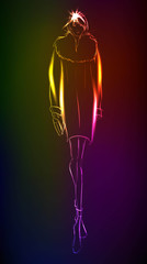 Hand-drawn fashion model from a neon. A light girl's