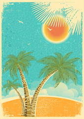 Vintage nature tropical island and sea background with sun and p