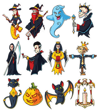 Halloween Cartoon Characters Set: bones queen, death, vampire, cat, ghost, bones king, scarecrow, witch with broomstick, wizard with magical scepter, pumpkin, a cute flying bat and a lamp.