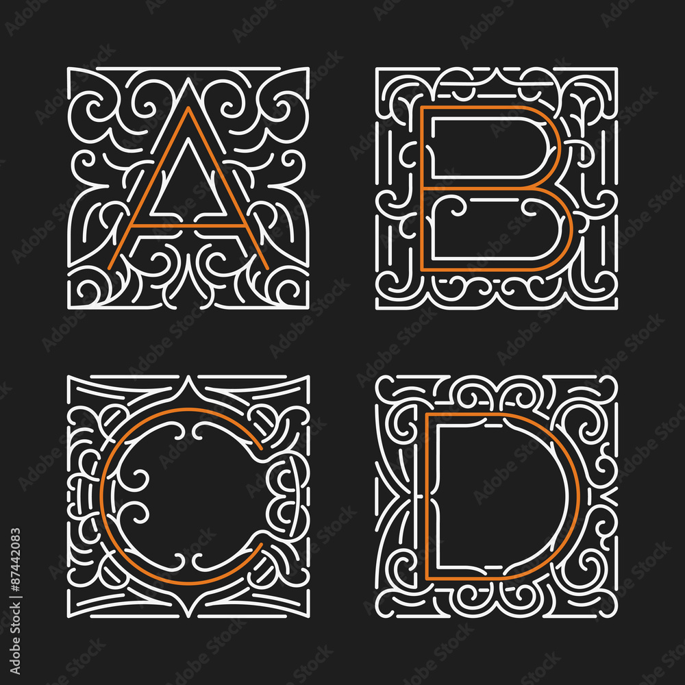 Poster the set of monogram emblem. elegant frames ornament logo design in line style with letters a, b, c, 