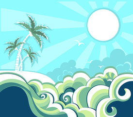Fototapeta na wymiar Retro nature tropical seascape background with island and palms