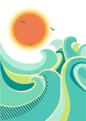 Retro nature seascape poster background isolated on white.