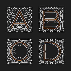 The set of monogram emblem. Elegant frames ornament logo design in line style with letters A, B, C, D. Vector Illustration.