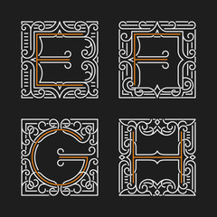 The set of monogram emblem. Elegant frames ornament logo design in line style with letters E, F, G, H. Vector Illustration.