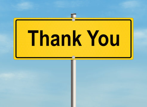 Thank you. Road sign on the sky background. Raster illustration.